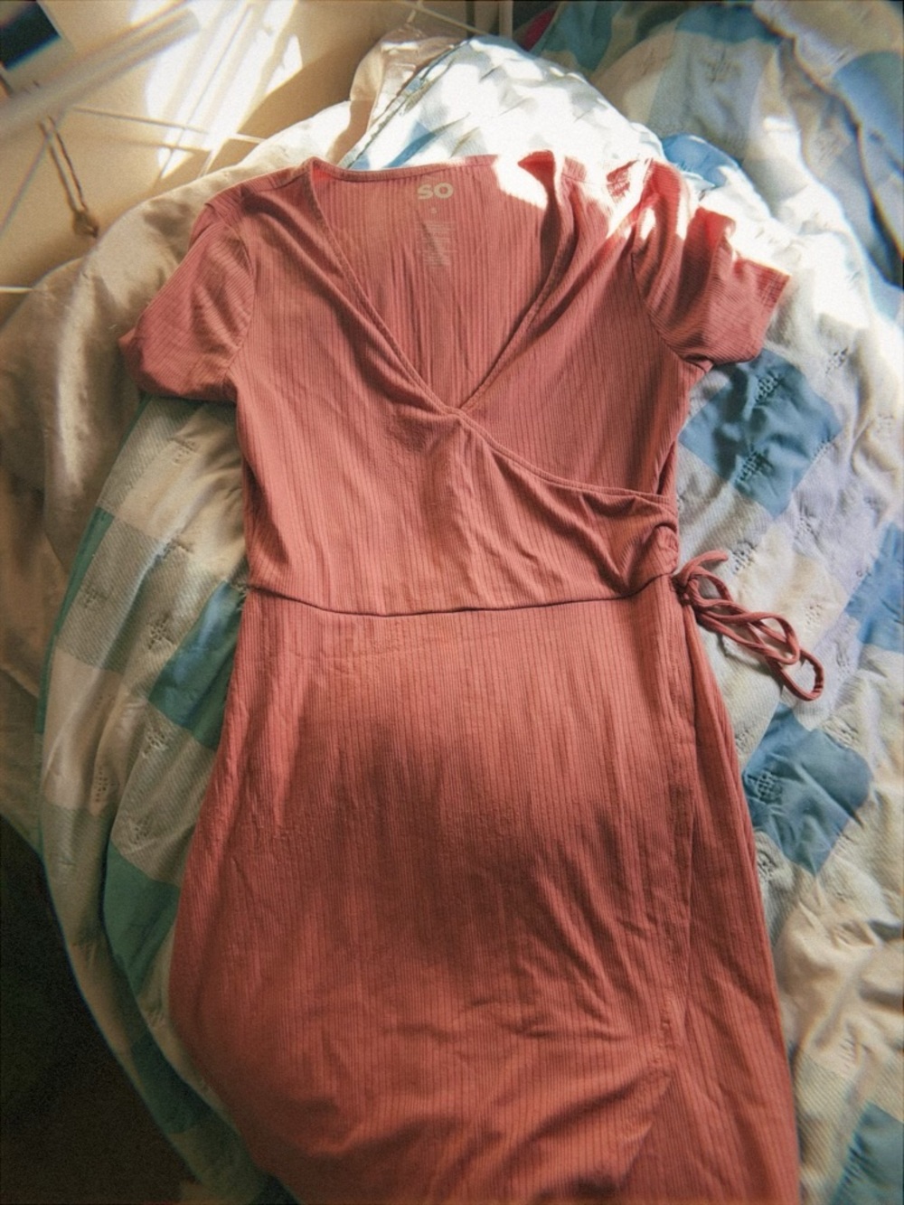 SO Rose Pink Ribbed Wrap Midi Dress